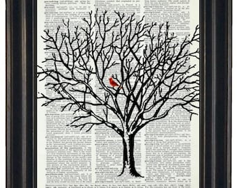 Cardinal Art Print Dictionary HHP Original Book Page Print Upcycle Wall Art Book Art Vintage Dictionary Tree Dictionary Page