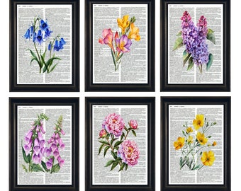 Dictionary Prints, Set of Flowers Prints, Flower Prints, Botanical Prints, Set of 6 Flower Prints, Flower Art Prints