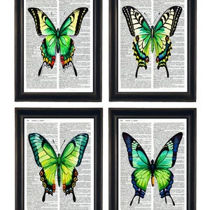 Dictionary Prints, Butterfly Prints, Butterfly Theme, Butterfly Wall Art, Butterfly Gallery Wall, Set of 4 Butterfly Prints, Green Butterfly