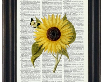 FLOWER Print Sunflower Print with Butterfly, Sunflower Art Print Upcycled Dictionary Art Vintage Dictionary Book Page 8 x 10