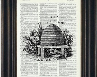 Beehive Art Print, Bee Wall Art, Upcycled Dictionary Art Book French Beehive on Vintage Dictionary Page
