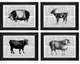 Farmhouse Themed Prints, Farmhouse Art Prints, Set of Four Farm Prints, Farm Dictionary Artwork, Farm Animals Prints