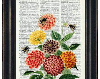 Bee Art, Bee With Flower Print, Flower Art Print, Bee Wall Art, Bee Prints, Botanical Prints, Flowers with Bees Print