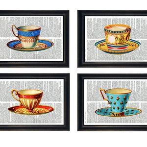 Teacup Themed Prints, Tea Art Prints, Set of Four Teacup Prints,  Teacup Dictionary Prints, Teacup Kitchen Prints