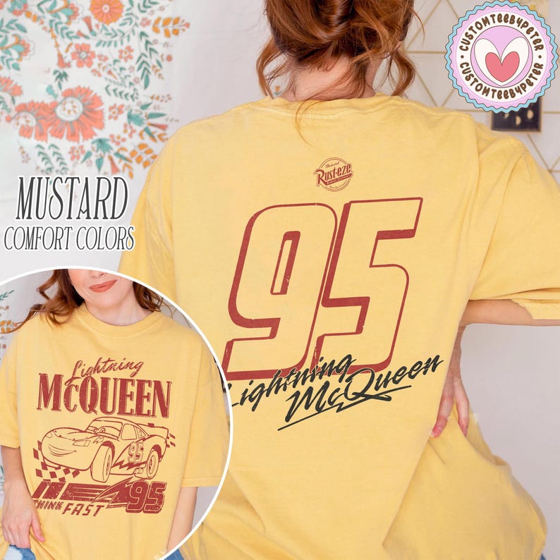May include: Mustard-colored t-shirt featuring Lightning McQueen and the number 95 in maroon. The shirt has the text "Lightning McQueen" and "Think Fast" printed on it. The shirt is a comfort color.