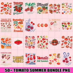 50+ Tomato Summer PNG Bundle, Farmers Market Sublimation, Tomato Girl Summer Shirt Design, Retro Garden Food Clipart, Farm Fresh Tomatoes