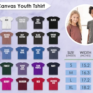 May include: Image of Bella Canvas youth t-shirts in a range of colours, such as white, black, and navy. The image also displays size measurements in inches: width from 38.6 cm to 46.2 cm, and length from 53.1 cm to 62 cm.