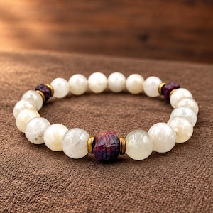 Selenite and Raw Ruby Bracelet, 10mm White Beads with Gold-Tone Accents