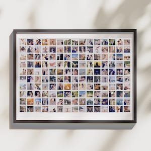 May include: A framed collage of numerous small square photographs, likely wedding photos, arranged in a grid pattern. The frame is dark, and the photos are in color, capturing various moments from a wedding.