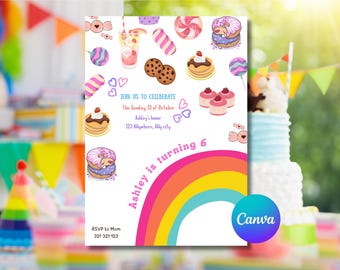 レインボーバースデー招待状テンプレート – 編集可能なCanva Bohoパーティー招待状、カラフルな女の子のデジタルダウンロード