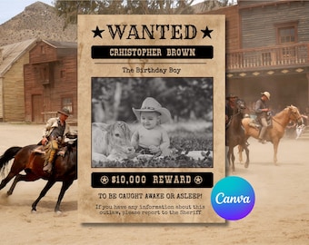 Birthday Wanted Poster Template: Editable Wild West Cowboy Canva Sign