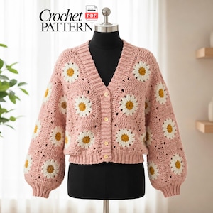 Daisy Granny Square Cardigan Crochet Pattern PDF, Chunky Fall Winter Sweater Digital Download