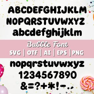 Könnte beinhalten: Ein Bubble-Font-Design mit Groß- und Kleinbuchstaben, Zahlen und Symbolen in Schwarz. Der Text "Bubble Font" und Dateityp-Optionen sind ebenfalls vorhanden. Bunte Luftballons und Konfetti schmücken den Hintergrund.