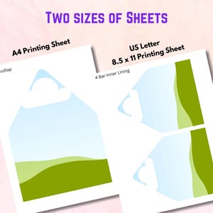 May include: Two white printing sheets with a light blue and green design. The text on the sheets reads "A4 Printing Sheet" and "US Letter 8.5 x 11 Printing Sheet". The image also includes the text "TWO SIZES OF SHEETS".