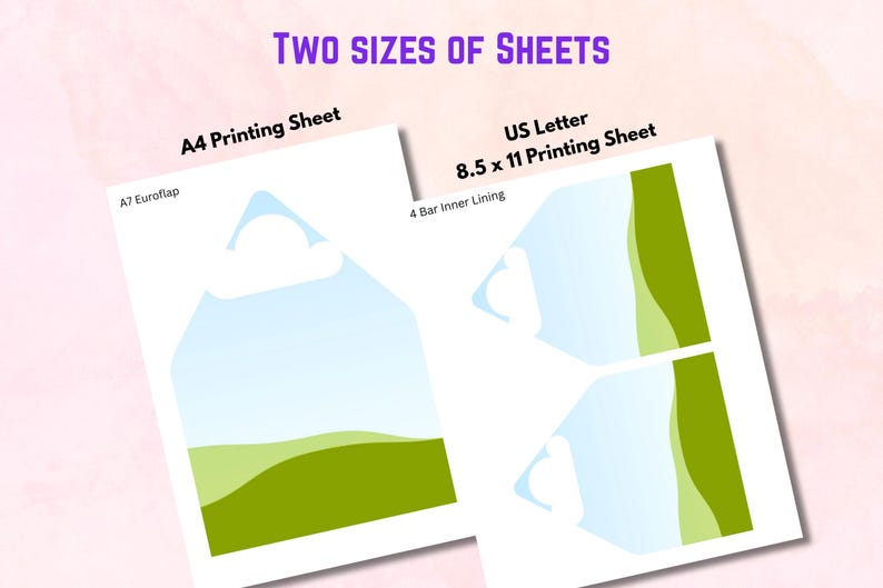 May include: Two white printing sheets with a light blue and green design. The text on the sheets reads "A4 Printing Sheet" and "US Letter 8.5 x 11 Printing Sheet". The image also includes the text "TWO SIZES OF SHEETS".