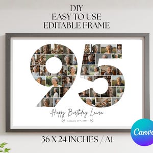 May include: A rectangular framed photo collage print featuring the number 95 composed of multiple small portrait photographs. Below the number, the text reads Happy Birthday Laura and January 13th, 1999, with two small heart icons. The frame is dark gray.