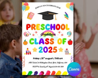 Invitación de graduación de preescolar: Plantilla editable para la convocatoria infantil (descarga digital)