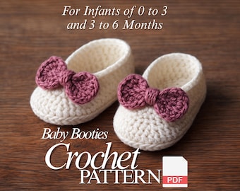 May include: A pair of cream-colored crochet baby booties with mauve bows. The image includes the text "For Infants of 0 to 3 and 3 to 6 Months" and "Baby Booties Crochet PATTERN PDF". The booties are on a wooden surface.