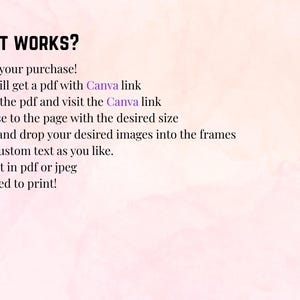 May include: Image with text: "HOW IT WORKS?" followed by numbered steps. The steps include making a purchase, opening a PDF with a Canva link, browsing, dragging images, adding text, exporting, and printing. The background is a watercolor wash.
