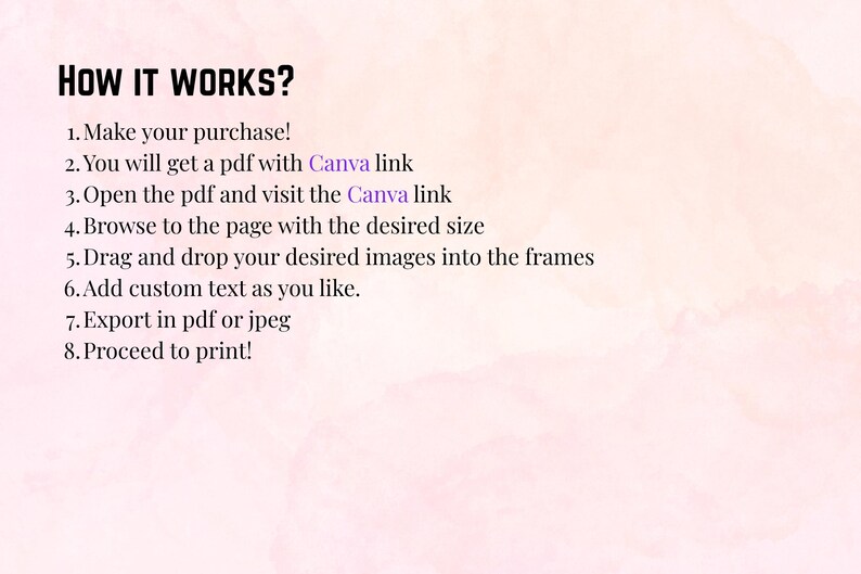 May include: Image with text: "HOW IT WORKS?" followed by numbered steps. The steps include making a purchase, opening a PDF with a Canva link, browsing, dragging images, adding text, exporting, and printing. The background is a watercolor wash.
