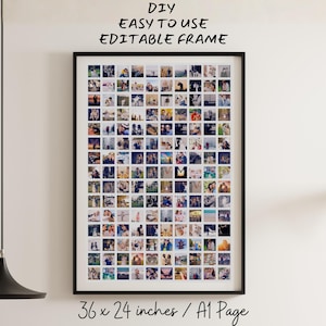 May include: A black framed photo collage with numerous small square photos. The frame is 36 x 24 inches. Text at the top reads "DIY EASY TO USE EDITABLE FRAME". The photos are of various people and events.