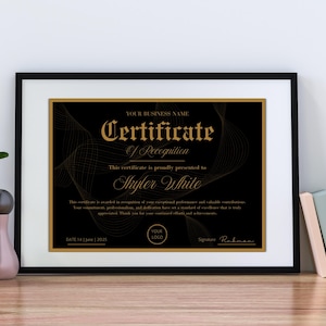 Certificate of Recognition Editable Canva Template, Gold Design for Employee Awards, Perfect Appreciation Certificate