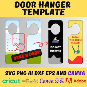 Może przedstawiać: Szablon wieszaka na drzwi z trzema wzorami: szablonem typu "przeciągnij i upuść", znakiem "Nie przeszkadzać" z księżycem i chmurą oraz znakiem "Proszę posprzątać pokój!" z narzędziami do sprzątania. Zawiera formaty plików SVG, PNG, AI, DXF, EPS i Canva.