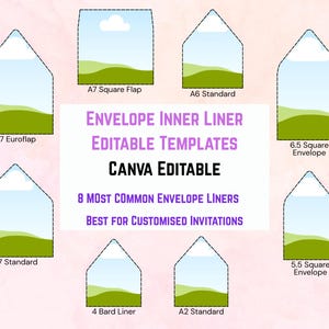 Könnte beinhalten: Bild mit acht Vorlagen für Umschlag-Innenauskleidungen mit Landschaftsdesign, darunter A7 Euroflap, A7 Standard und A7 Square Flap. Der Text lautet "Envelope Inner Liner, Editable Templates, Canva Editable".