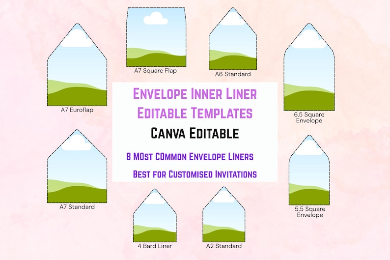 May include: An image showcasing eight envelope inner liner templates with a landscape design, including A7 Euroflap, A7 Standard, and A7 Square Flap. The text reads "Envelope Inner Liner, Editable Templates, Canva Editable".