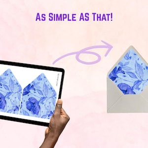 May include: A tablet displays a blue floral envelope liner design, mirroring the design inside a cream-colored envelope. The text "As Simple As That!" is above the envelope. A purple arrow points from the tablet to the envelope.