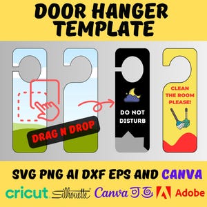 Könnte beinhalten: Ein digitales Türanhänger-Vorlagenset mit vier vertikalen Designs. Die Grafiken enthalten eine Drag-and-Drop-Anleitung, einen schwarzen 'DO NOT DISTURB'-Anhänger mit Mondsymbol und einen gelben 'CLEAN THE ROOM PLEASE'-Anhänger mit Besen- und Wischmopp-Symbol.