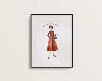 Vintage Mode Illustration Druck: Retro Rotes Kleid Aquarell Kunst (Digitaler Download
