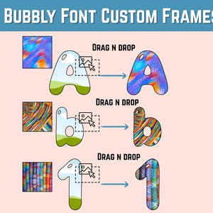 May include: An image promoting "BUBBLY FONT CUSTOM FRAMES". It illustrates how to customise letter and number frames using a drag-and-drop interface. The letters A and b, and the number 1 are shown with different pattern options.