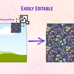 May include: An image demonstrating an easily editable design. The left side shows a template with a sky and green hills. The right side displays a floral pattern on a dark blue background. The text "EASILY EDITABLE" is at the top.