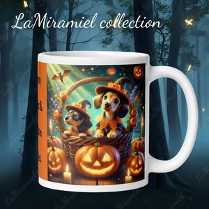May include: White ceramic mug featuring a Halloween-themed design. The design includes two dachshund puppies in witch hats and costumes inside a basket, surrounded by jack-o'-lanterns, candles, and a bat. The text "LaMiramiel collection" is at the top.
