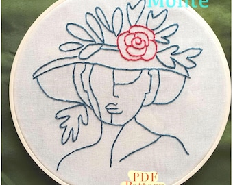 Broderimönster för kvinnaporträtt – Modern blommig hattdesign (PDF)