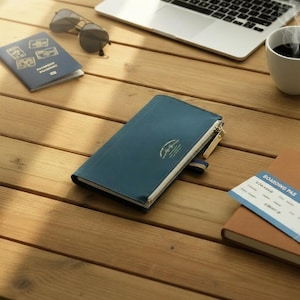 Peut inclure: Un cahier bleu sarcelle avec une fermeture éclair dorée et un petit logo est posé sur une surface en bois. Un passeport, des lunettes de soleil, un ordinateur portable, une tasse de café et une carte d'embarquement sont également sur la table.