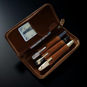 Leather Zipper Pen Case with 3 Slots – Handmade Crazy Horse Fountain Pen Holder & Travel Organizer Gift for Him School Office Stationery