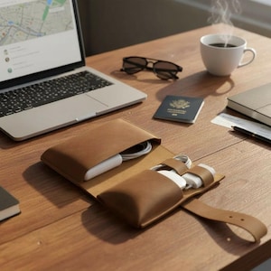 Travel Tech Organizer Leather Cable Case, Electronics Storage Pouch, Slim Digital Nomad Accessories, Gift for Him