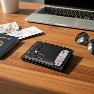 May include: Black leather wallet featuring a Batman emblem. The wallet has a bi-fold design with a visible ID card. Other items on the wooden surface include a passport, boarding pass, sunglasses, and a laptop.