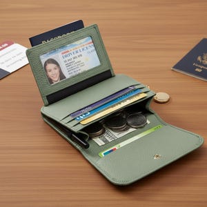 May include: A sage green leather wallet, open to show its contents. The wallet contains a driving licence, credit cards, cash, and coins. A passport is visible in the background. The wallet has a snap closure and a gold charm.