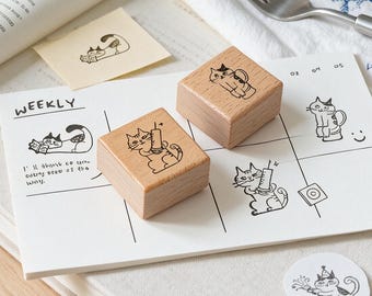 Cute Cat Planner Stamp, Wooden Rubber Stamp Set, Kitty Schedule Labels for Bullet Journal, Scrapbooking Supplies, Journal Accessories Gift