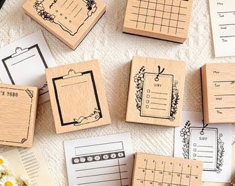 Wood Calendar Stamp Rubber, Habit Tracker Stamps, Rubber Planner Stamps Set Gift For Journal Lovers, Daily Planner Accessories