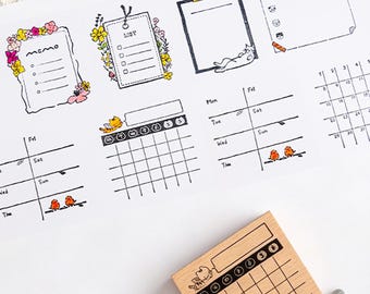 Wood Calendar Stamp Rubber, Habit Tracker Stamps Set, Bullet Journal Stamp, Daily Planner Accessories, Bujo Supplies, Gift For Journal Lover