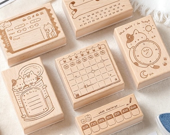 Cat Planner Wooden Rubber Stamp, Schedule Labels Stamp, Bullet Journal Stamp, Cute Kitty Stamp, DIY Scrapbooking Supplies, Stationery gift