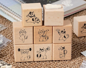 Cute Kitty Wooden Rubber Stamp, Cat Planner Stamp Set, Bullet Journal Accessories, Daily Schedule Labels, DIY Scrapbook Supplies