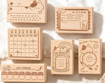 Wooden Schedule Rubber Stamp, Cat Planner Labels Stamp, Bullet Journal Stamp, Cute Kitty Stamp, DIY Scrapbooking Supplies, Stationery gift