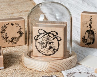 Wreath Wooden Rubber Stamp, Vintage Botanical Stamp, Floral Wind Chime Design Stamp, Journal Scrapbooking Supplies, Handmade Stationery Gift