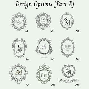 May include: A grid of nine black and white monogram designs labelled A1 through A9 under the heading Design Options [Part A]. Each design features intricate scrollwork, floral motifs, or crest-like frames surrounding various initials and names.