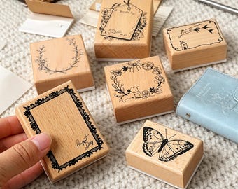 Wooden Rubber Stamps, Botanical Flowers, Floral Wreath, Butterfly Labels, Vintage Timber Stamps for Journaling, Scrapbooking, DIY Crafts